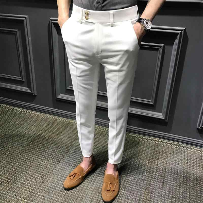 Pants - パンツ 男性用 スラックス スリムフィット 9分丈 カジュアルパンツ 無地 ポリエステル 薄手 伸縮性 白 黒 カーキ 深緑(x2)