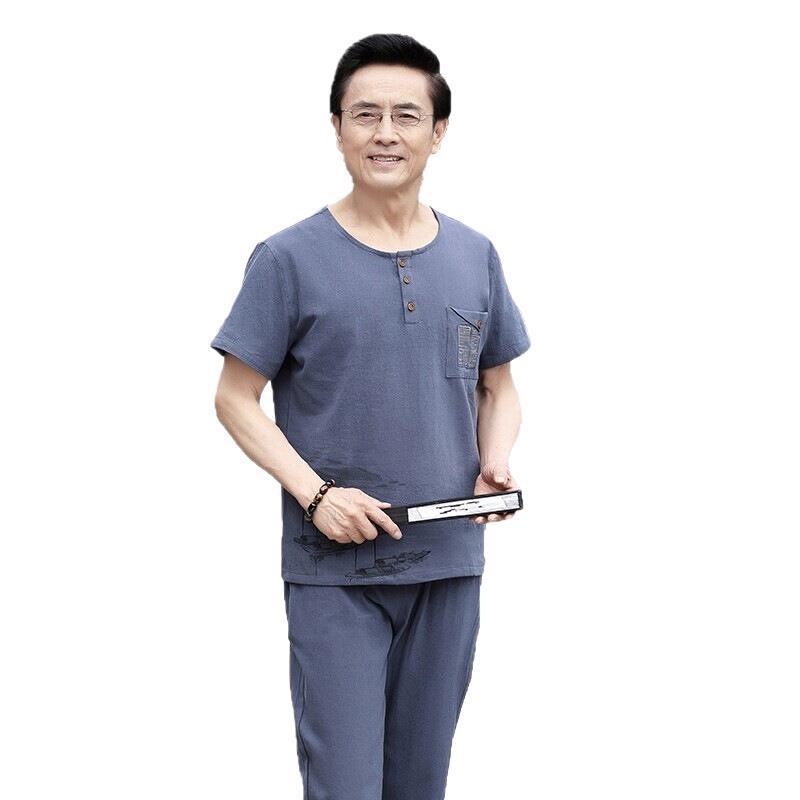 メンズ 休闲套装 Tシャツ & 长裤 ポリエステル 薄手 接触冷感 紳士 男性用 普段使い 部屋着 ブルーグレー ライトグレー
