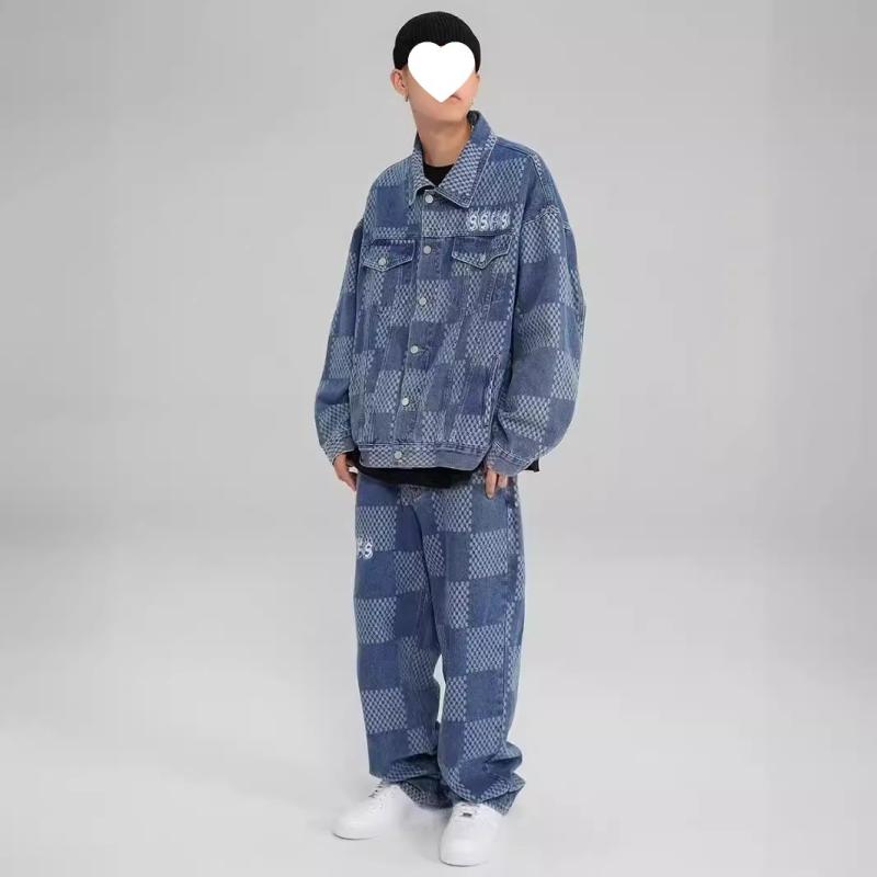 セットアップ メンズ カジュアル 綿混紡 ジャケット ワイドパンツ 上下セット ブルー ブラック スポーティ 普段使い 春秋