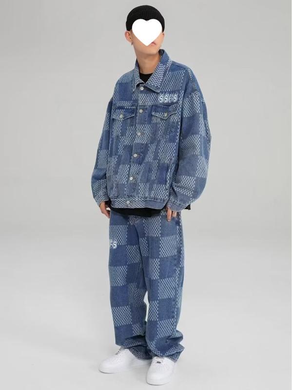 セットアップ メンズ カジュアル 綿混紡 ジャケット ワイドパンツ 上下セット ブルー ブラック スポーティ 普段使い 春秋