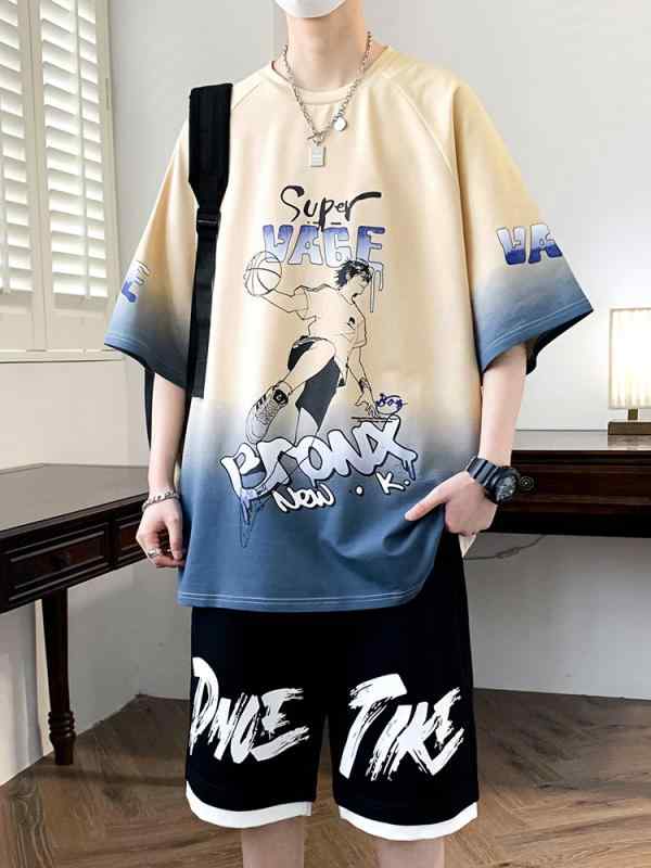 Tシャツ メンズ 半袖 ハーフパンツ 上下セット 綿 薄手 幾何学模様 ルームウェア 普段使い 部屋着