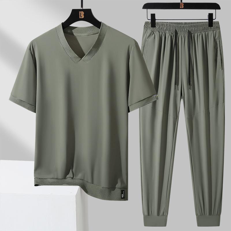 メンズ スポーツウェア セットアップ Tシャツ &amp; 長ズボン 上下セット 接触冷感 薄手 ストレッチ 大きいサイズ 男性用 紳士 運動着 部屋着 ルームウェア パジャマ 春夏・スタイル: スポーツ・厚さ: 薄手・パンツ丈: 長ズボン...