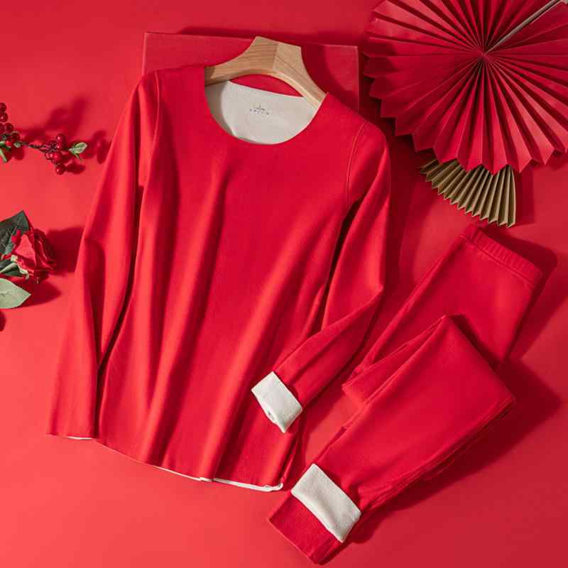 インナーウェア 男性用 女性用 ウール 混紡 あったか 保温 肌着 上下セット 赤 無地 秋冬 結婚祝い 慶事