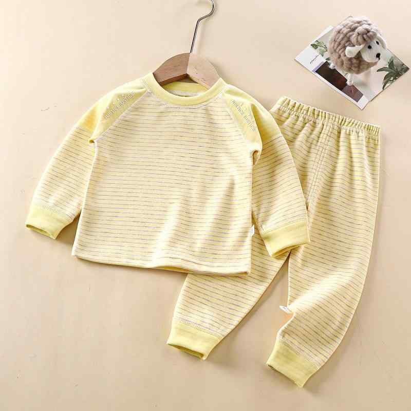子供用インナーウェア 秋冬 中大童 保温肌着 長袖シャツ 長ズボン 上下セット ウール混紡 ストライプ柄 パジャマ 部屋着 80cm 90cm 100cm 110cm 120cm 130cm 140cm 150cm 160cm イエロー パープル ブルー(x2)(4.0)