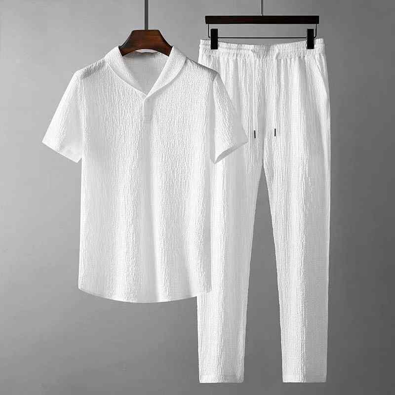 メンズスポーツウェア セットアップ 夏用 接触冷感 Tシャツ ロングパンツ 薄手 部屋着 ルームウェア 普段使い 休闲 ポリエステル ブラック ホワイト系