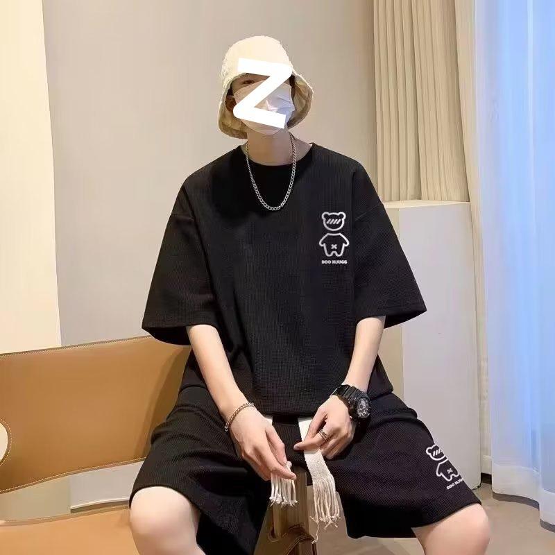 セットアップ メンズ 男性用 Tシャツ 半袖 ハーフパンツ ワッフル 接触冷感 ルームウェア 部屋着 普段使い 春夏 ブラック ホワイト グレー ブルー 2