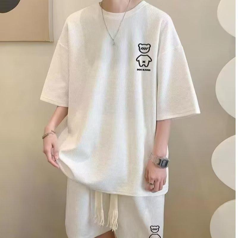 セットアップ メンズ 男性用 Tシャツ 半袖 ハーフパンツ ワッフル 接触冷感 ルームウェア 部屋着 普段使い 春夏 ブラック ホワイト グレー ブルー 3