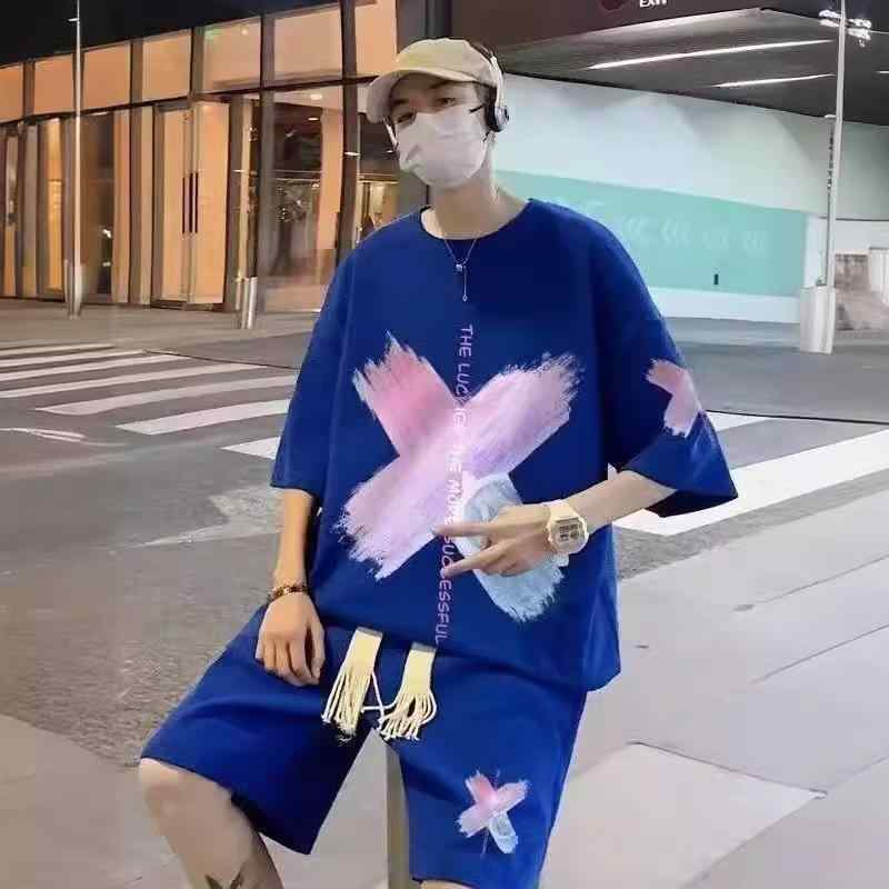 セットアップ メンズ 春夏 接触冷感 半袖 Tシャツ 短パン 上下 2点セット 部屋着 ルームウェア スポーティー 普段使い 韓国 グレー 白 黒 青(x2)