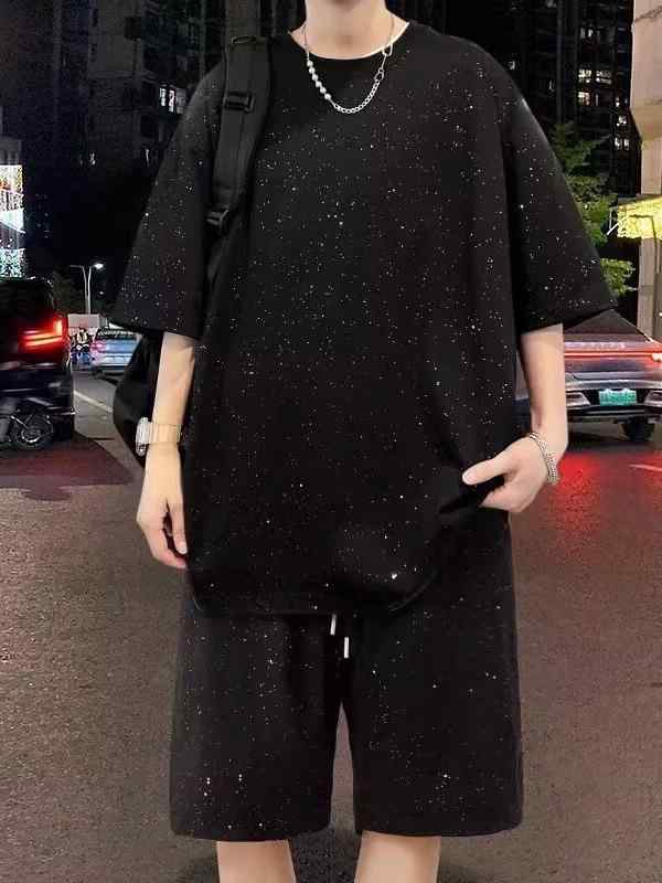 メンズ スポーツウェア セットアップ Tシャツ & ハーフパンツ 薄手 ポリエステル ブラック 夏 普段使い ルームウェア アウトドア