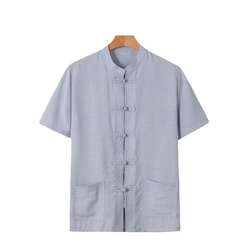 シャツ メンズ 男性用 麻 リネン混紡 スタンドカラー チャイナボタン 半袖 トップス ブラウス ゆったり 春夏 白 亜麻色 黒 グレー 紺色