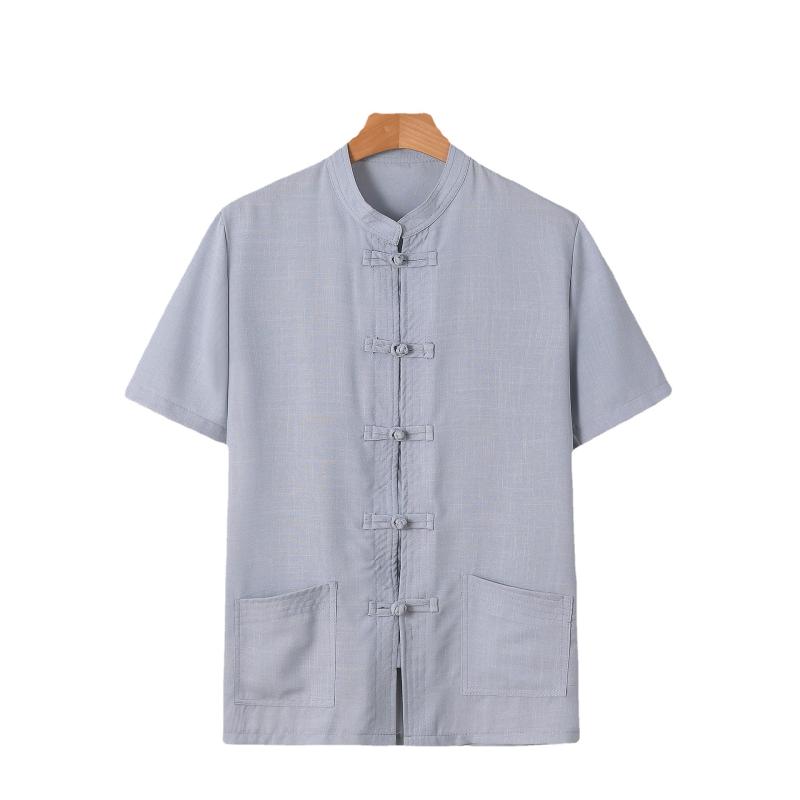シャツ 男性用 麻 リネン 中国風 チャイナスタイル 立襟 半袖 トップス ブラウス 涼しい 快適 春夏 カ..