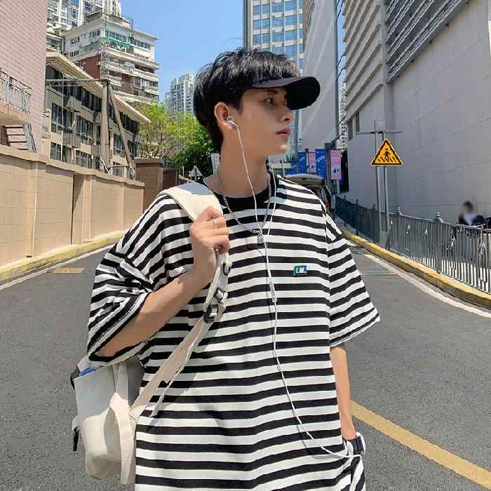 Tシャツ メンズ 男性用 トップス 扎染 ストライプ柄 5分袖 宽松 ポリエステル 薄手 普段使い カジュアル ブラック オレンジ ブルー グリーン