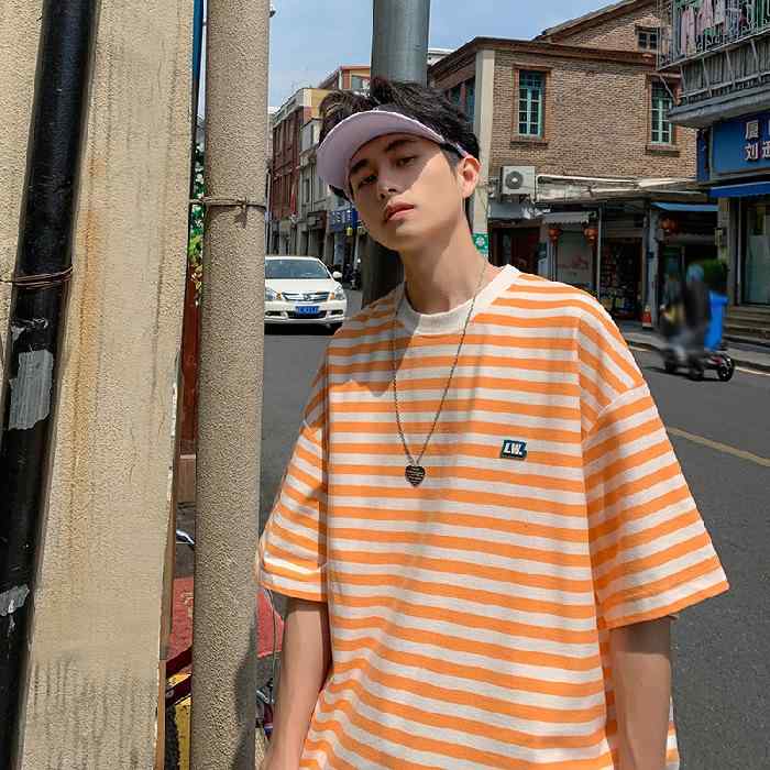 Tシャツ メンズ 男性用 トップス 扎染 ストライプ柄 5分袖 宽松 ポリエステル 薄手 普段使い カジュアル ブラック オレンジ ブルー グリーン