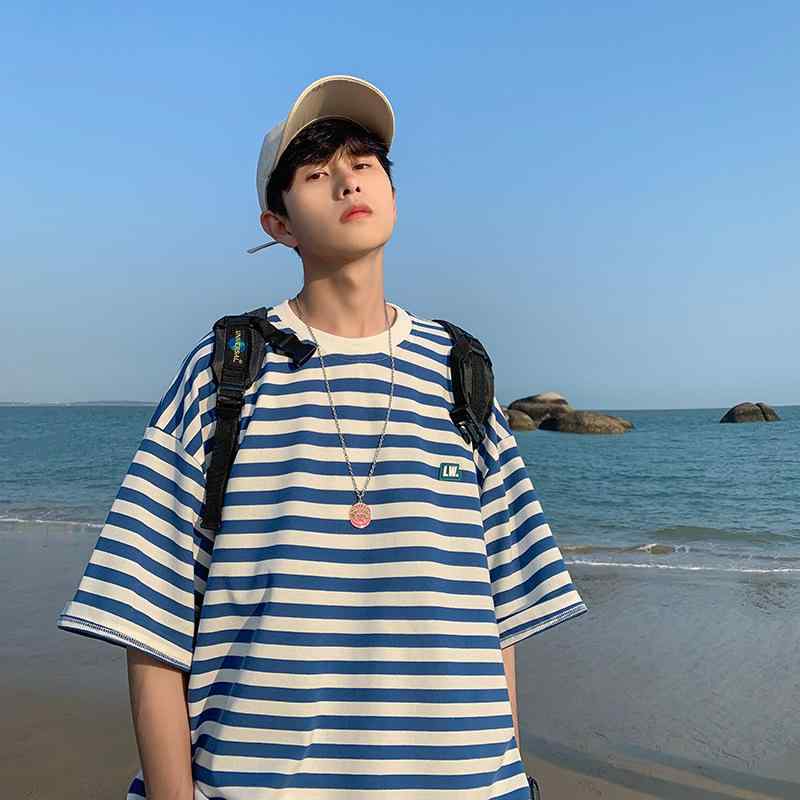 Tシャツ メンズ 男性用 トップス 扎染 ストライプ柄 5分袖 宽松 ポリエステル 薄手 普段使い カジュアル ブラック オレンジ ブルー グリーン