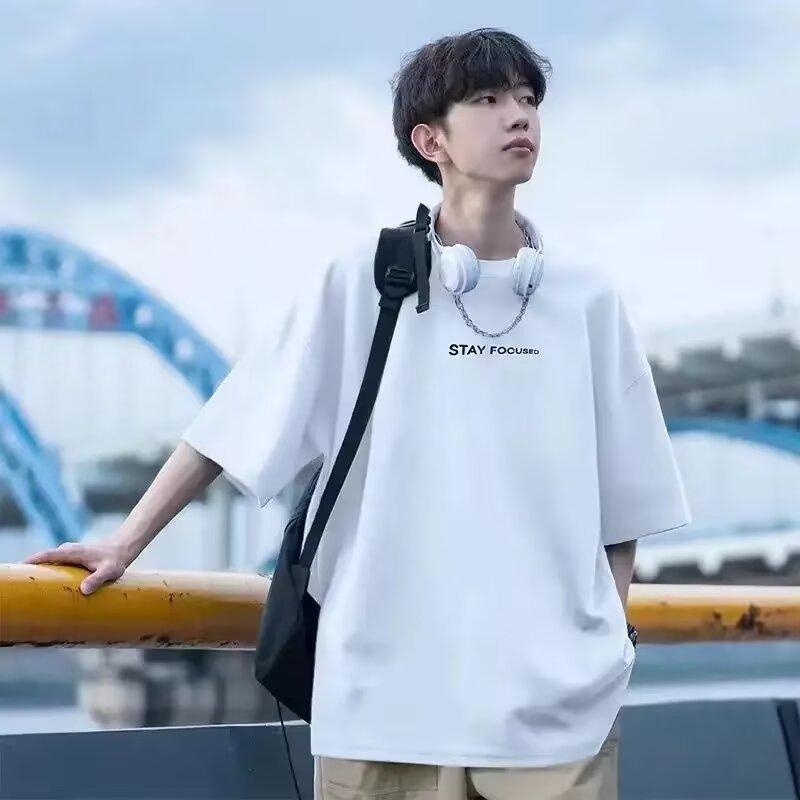 Rakuten - Tシャツ メンズ 半袖 トップス 風 ポリエステル 接触冷感 カットソー ルーズフィット ラウンドネック ストリート系 スタイル 春夏 ホワイト ダークグレー ブラック レッド ネイビー