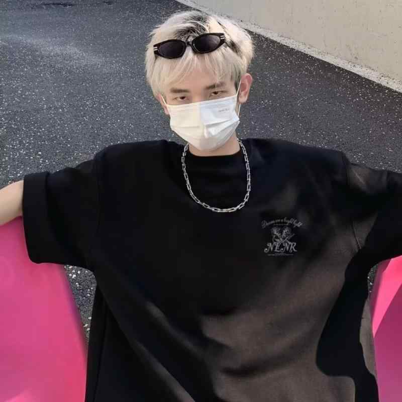 Tシャツ 男性用 ローズ柄 プリント 半袖 コットン ゆったり トップス カットソー カジュアル ストリート ブラック ホワイト グレー