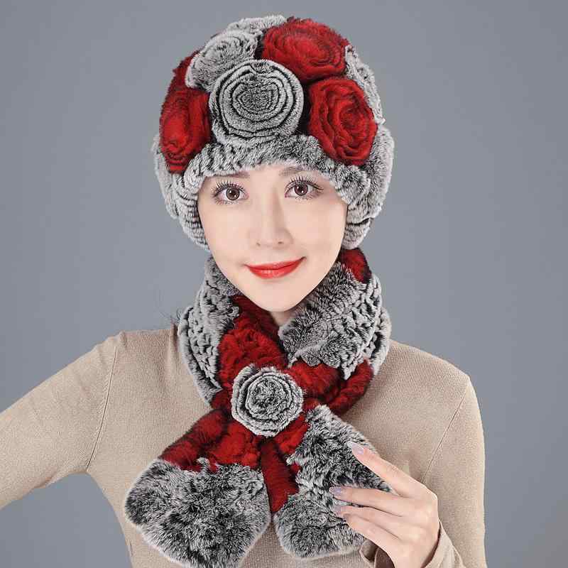 ニット帽 レディース 秋冬 防寒 加厚 保温 ウサギ毛 襟巻き 2点セット ガーネットレッド ピンク イエロ..