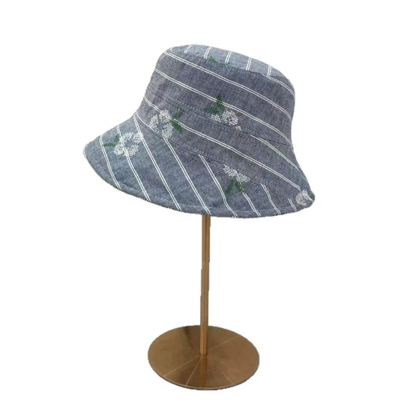 帽子 レディース 漁夫帽 ストライプ コットン リネン 花柄 刺繍 あご紐付き ハット カジュアル 日よけ 紫外線対策 春夏 ブルー系(4.0)