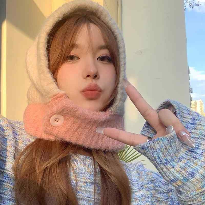 ニット帽 レディース 秋冬 防寒 暖かい ラファ帽 ネックウォーマー 一体型 小顔効果 配色 かわいい おしゃれ 毛糸 ビーニー 黄色 青 ブルー グレー 米色 ピンク 深グレー 赤 緑 紫色 ブラウン グレー(x2)(4)