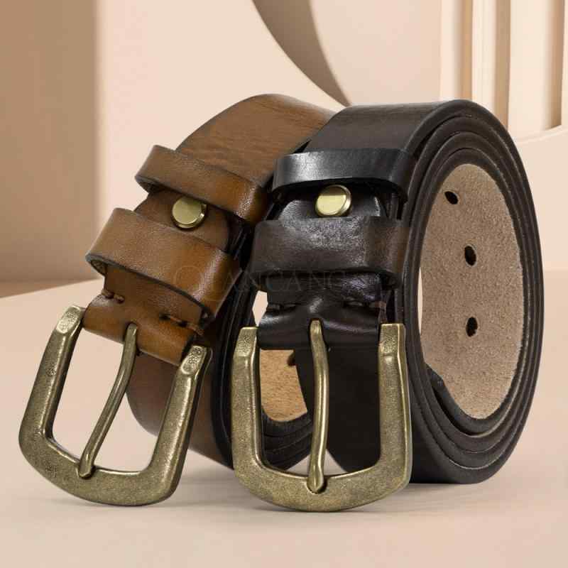 5個セットベルト 男性用 革 牛革 レザー レトロ アンティーク調 ジーンズ ズボン パンツ 銅製 バックル ブラック カーキ コーヒー ブラウン 110cm 120cm 130cm