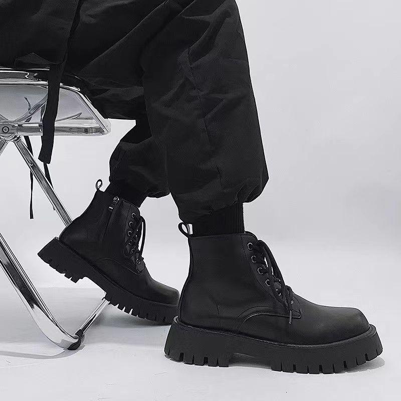 ブーツ メンズ 男性用 サイドジップ ミドル丈 ワークブーツ 厚底 滑り止め PUレザー ラウンドトゥ 無地 ブラック アウトドア 普段使い