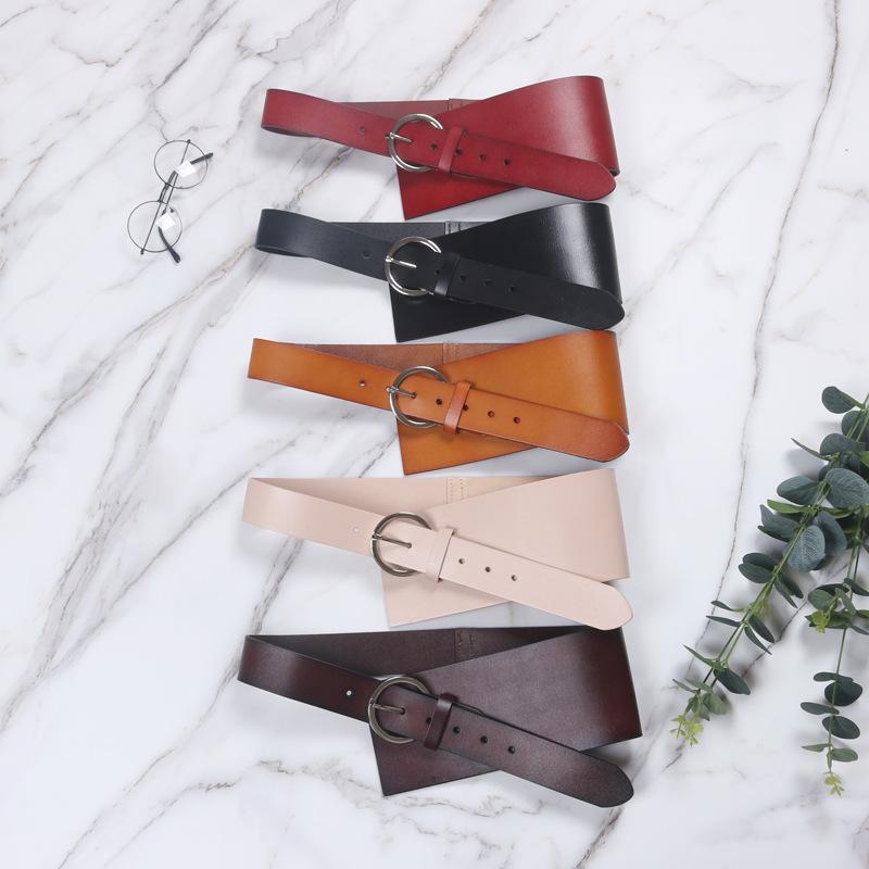 ベルト レディース 革 牛革 不規則 幅広 コルセット ウエストマーク 細見え おしゃれ ワンピース チュニック コート 赤 黒 コーヒー 杏