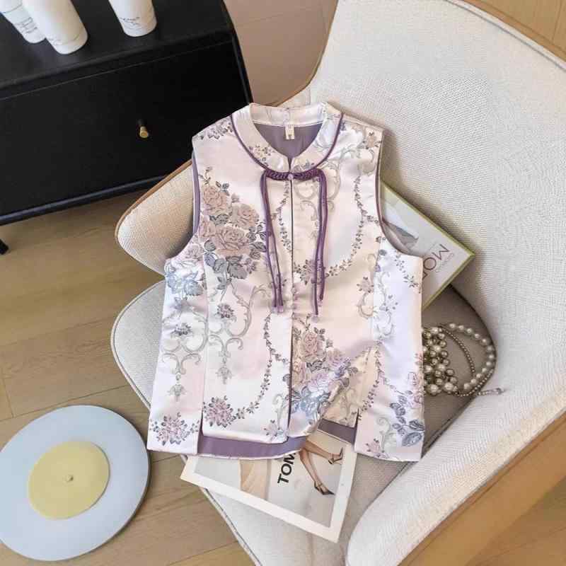 Rakuten - ベスト レディース 唐装 チャイナスタイル 花柄 ポリエステル 立襟 シングルブレスト M L XL 2XL 3XL 中華風 レトロ エスニック
