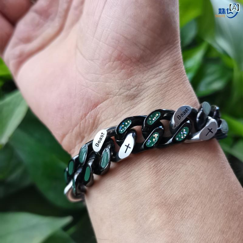 ブレスレット メンズ レディース 兼用 チタン製 エナメル レタリング 刻印 クール スタイリッシュ ヨーロピアン アメリカン スタイル 豪華 キューバチェーン 手作り ステンレス 電気メッキ加工 黒 12mm