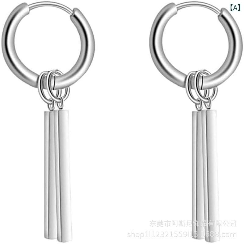 Freshwater Pearl - ピアス 男女兼用 ユニセックス イヤリング 不锈钢 ステンレス リング フープ 幾何学模様 スチールカラー ブラック 電気メッキ加工 百搭