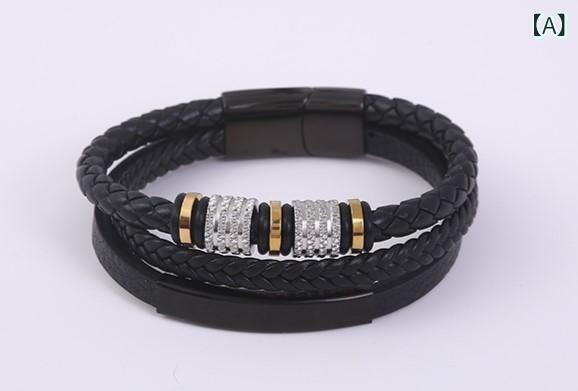 LINEAR shopのブレスレット メンズ レザー チタン鋼 編み込み 多層 ゴールド シルバー 男性用 幾何学 手作り 贈り物 普段使い｜アングル2