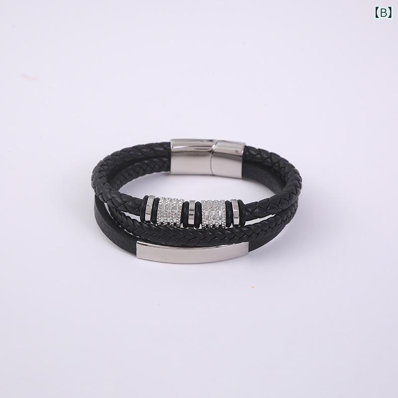 LINEAR shopのブレスレット メンズ レザー チタン鋼 編み込み 多層 ゴールド シルバー 男性用 幾何学 手作り 贈り物 普段使い｜アングル3