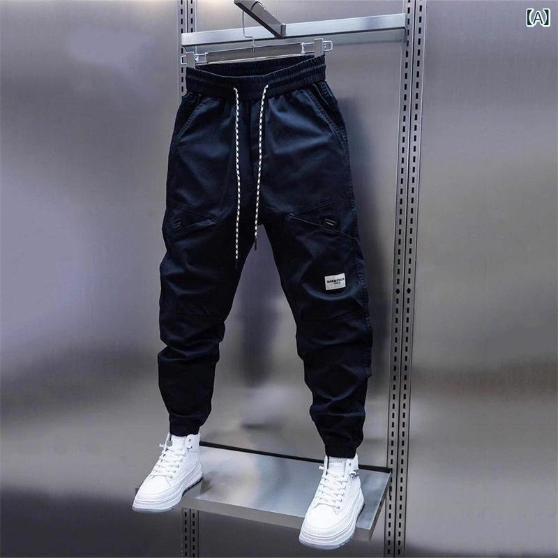 パンツ メンズ 9分丈 リラックス ストレート テーパード 薄手 ウエストゴム 裾絞り 無地 韓国 スポーティー モード系 ブラック 黒 グリーン カーキ ベージュ