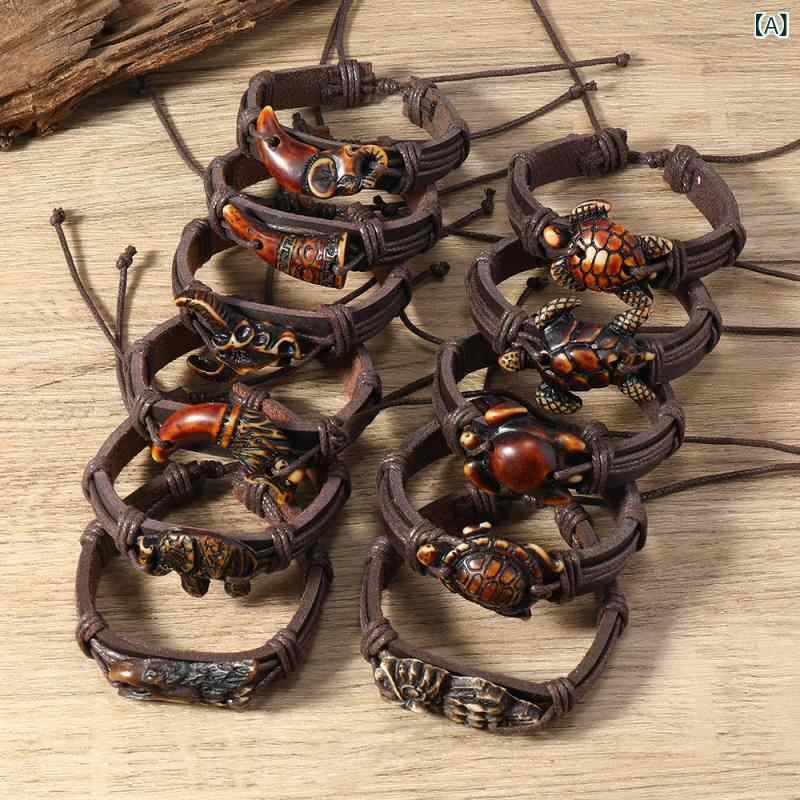 ブレスレット メンズ レトロ アニマル モチーフ 腕輪 PUレザー 男性用 アクセサリー 複数 セット ウミガメ