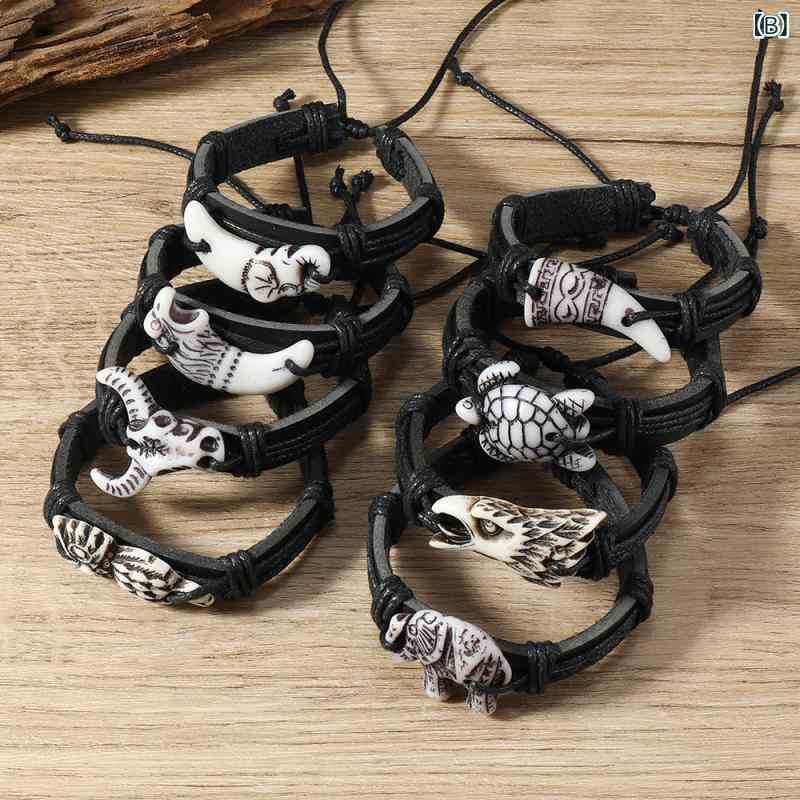 ブレスレット メンズ レトロ アニマル モチーフ 腕輪 PUレザー 男性用 アクセサリー 複数 セット ウミガメ
