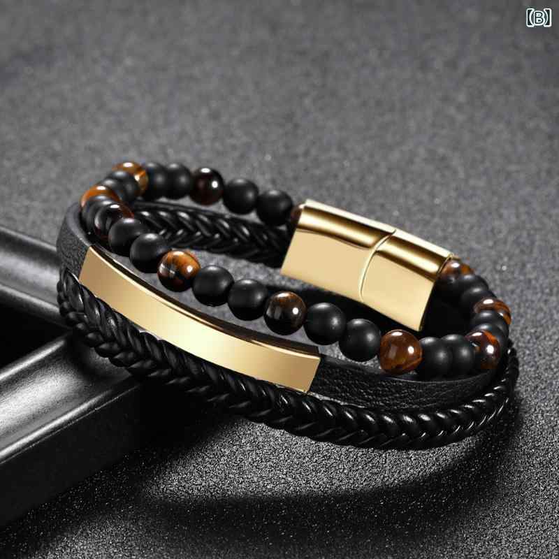 ブレスレット メンズ レザー 虎眼石 ビーズ 編み込み 多層 牛革 黒 男性用 腕輪