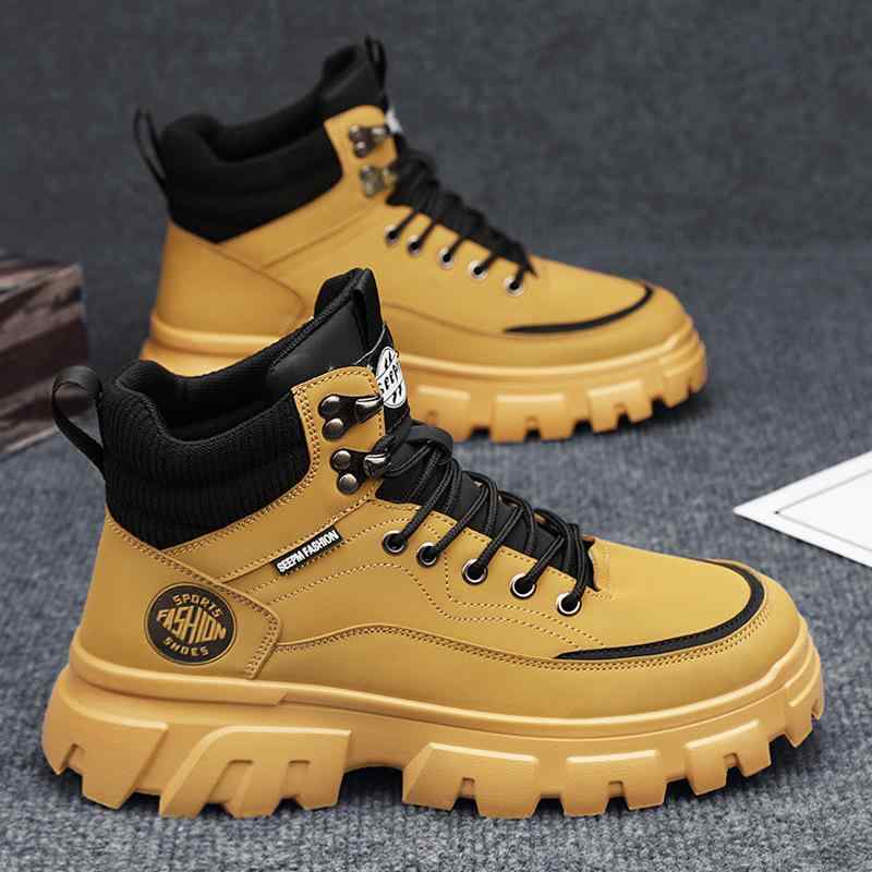 ブーツ メンズ 男性用 厚底 マウンテンブーツ ワークブーツ 防水 滑り止め 衝撃吸収 編み上げ ラウンドトゥ デザートイエロー ブラック 普段使い