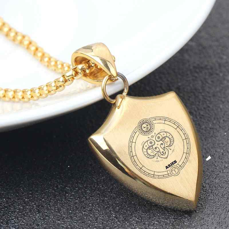 ネックレス メンズ 男性用 盾モチーフ 星座モチーフ チタン鋼製 ゴールドカラー 個性的 パンクスタイル アクセサリー