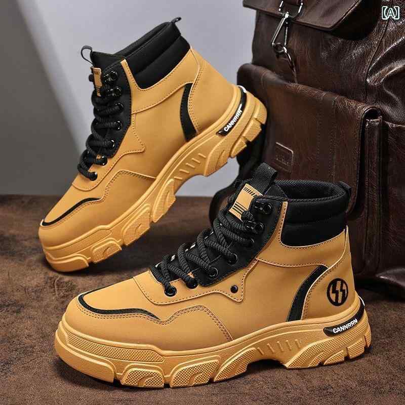 ブーツ 男性用 秋冬 高帮 マウンテンブーツ ワークブーツ ショートブーツ レースアップ 衝撃吸収 滑り止め ラウンドトゥ 履きやすい 歩きやすい イエロー ブラック