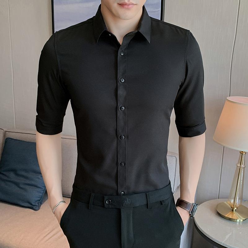 シャツ メンズ 男性用 7分袖 トップス ビジネス スリムタイプ ポリエステル 無地 夏 夏 薄手 普段使い 通勤用 白 ホワイト ピンク ブラック 黒 グレー グレー ブルー 青