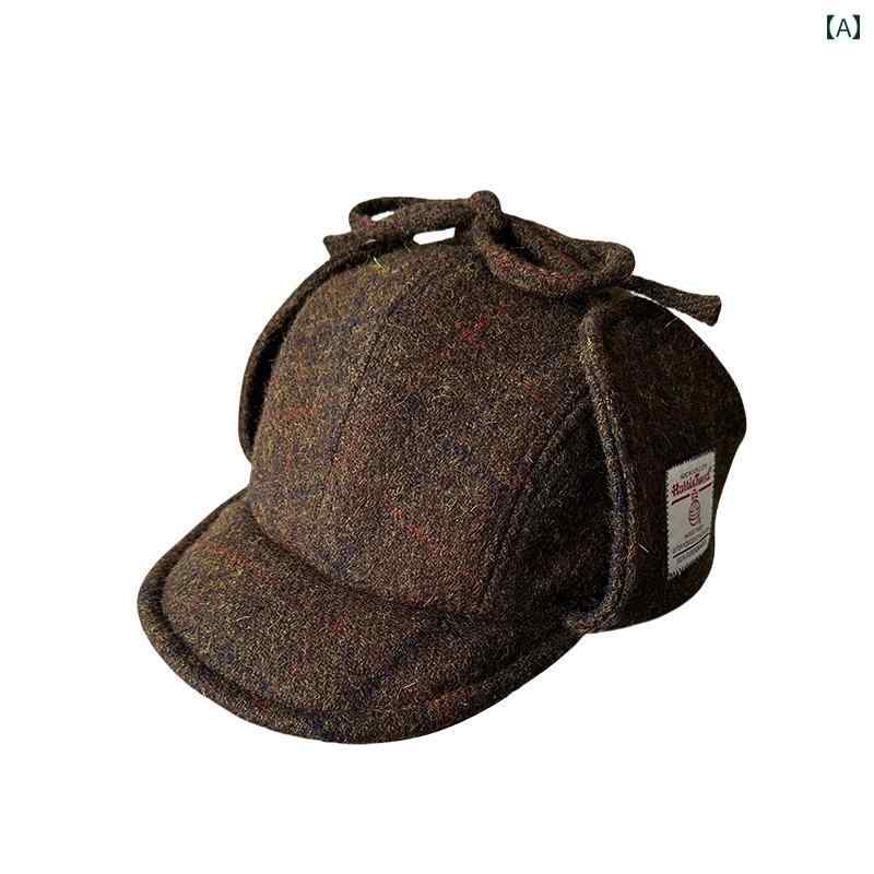 ハリスツイードの チェック 柄 レイ フェン ハット 秋冬 ウール 暖かい 耳 保護 防風 ツイード パイロット.オシャレ