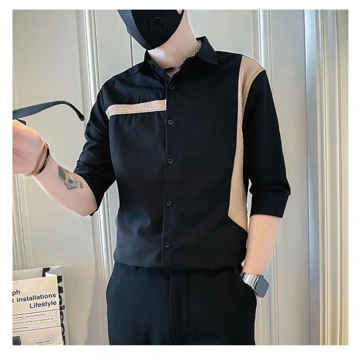 シャツ メンズ 男性用 7分袖 中袖 コットン混紡 ストライプ柄 立襟 開襟 接触冷感 薄手 涼しい 普段使い リラックス 部屋着 ブラック ホワイト M L XL XXL XXXL