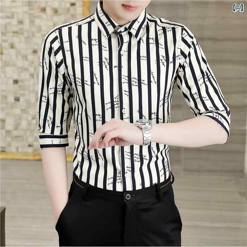 シャツ メンズ スリムフィット ストライプ柄 ポリエステル 開襟 カジュアル 男性用 トップス M L XL XXL XXXL XXXXL 米白 黒