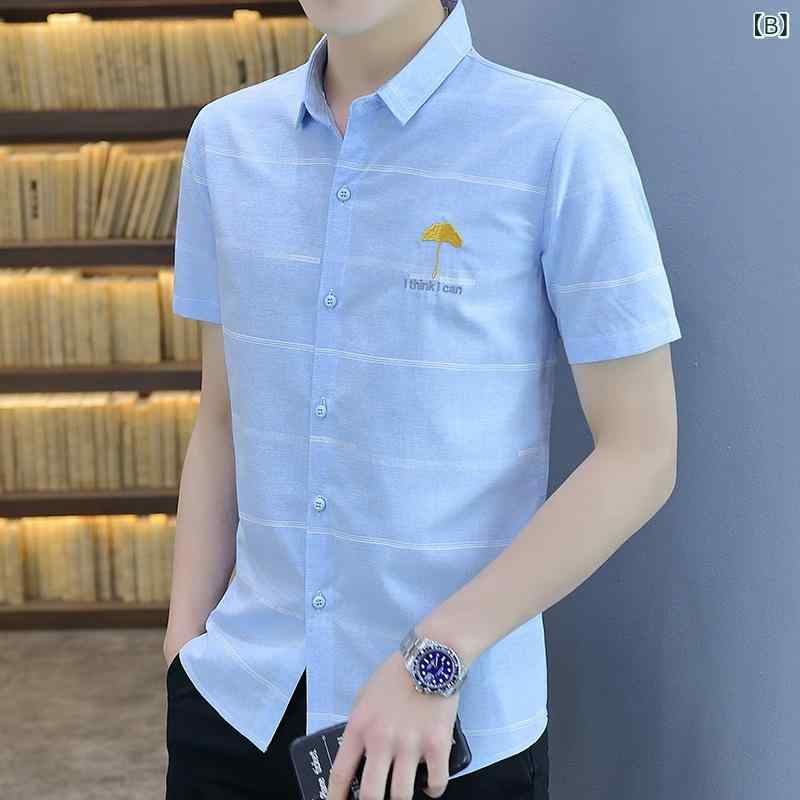 シャツ メンズ 男性用 半袖 スリム ストライプ柄 ポリエステル 開襟シャツ カジュアルシャツ 通勤 普段使い 春夏