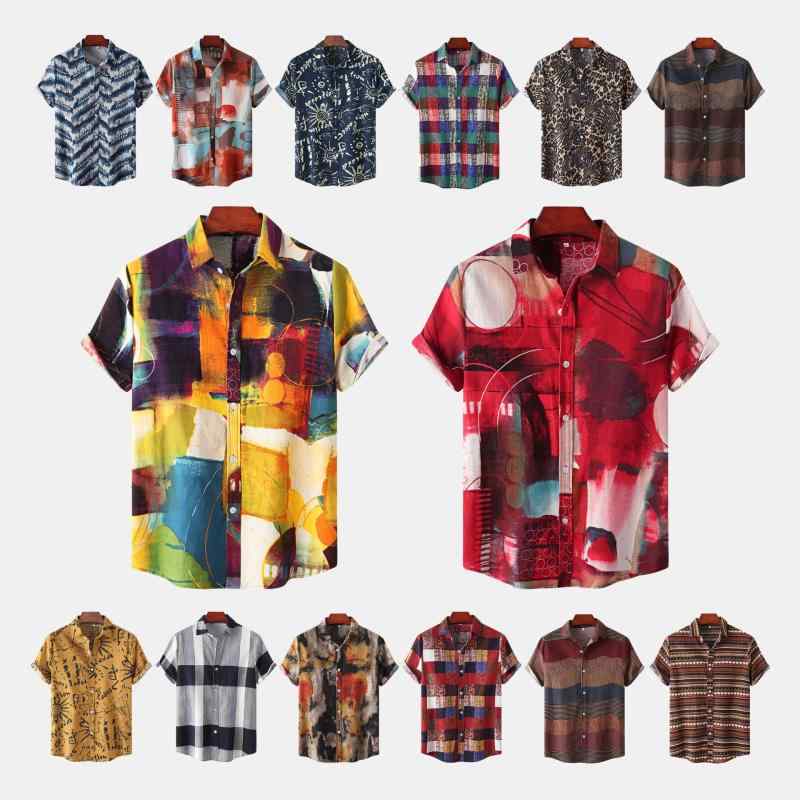 シャツ メンズ 男性用 半袖 アロハシャツ 総柄 綿麻混紡 立襟 リネンシャツ カジュアルシャツ 合体型 M..