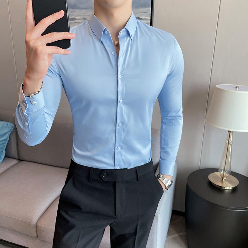 シャツ メンズ 男性用 トップス 春秋 長袖 コットン混紡 スリム 10色 職業着 カジュアル ビジネス 大きいサイズ 無地 白/赤/グレー/緑/青/ピンク/黒