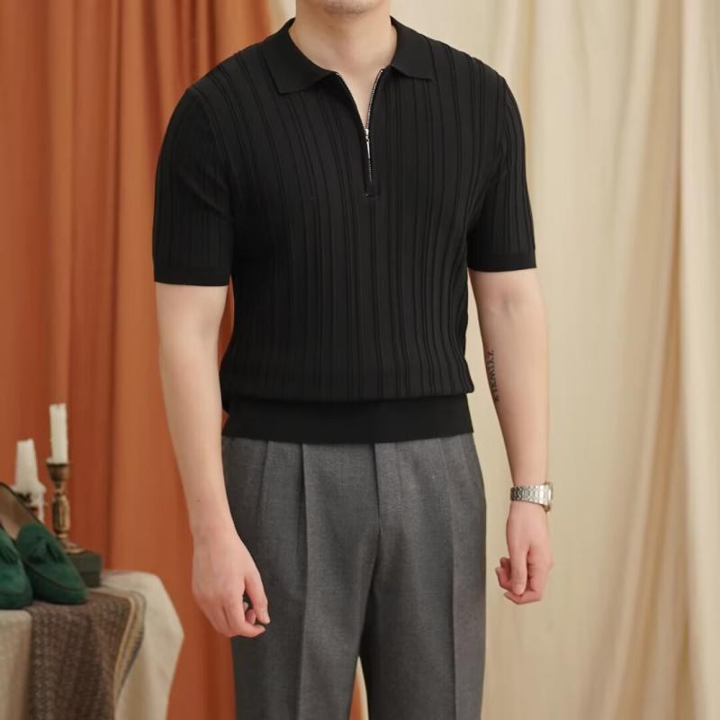 ポロシャツ メンズ 半袖 ニット 薄手 襟付き ストライプ ポリエステル カジュアル トップス 男性用 夏服 おしゃれ