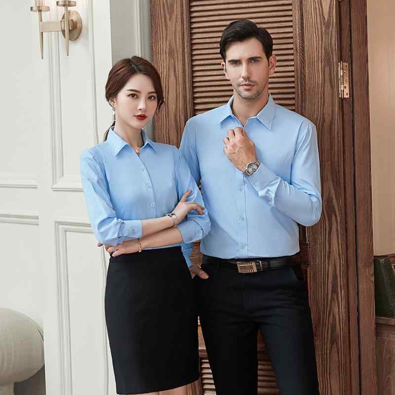 シャツ レディース メンズ 長袖 Vネック オフィス フォーマル 作業着 仕事着 無地 スリム 綿混紡 白 青 S M L XL XXL 3XL 4XL 5XL 6XL(x2)