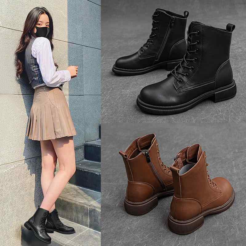 ブーツ レディース 秋冬 革 ショートブーツ カジュアル ローヒール ラウンドトゥ 厚底 防水 柔らかい ..