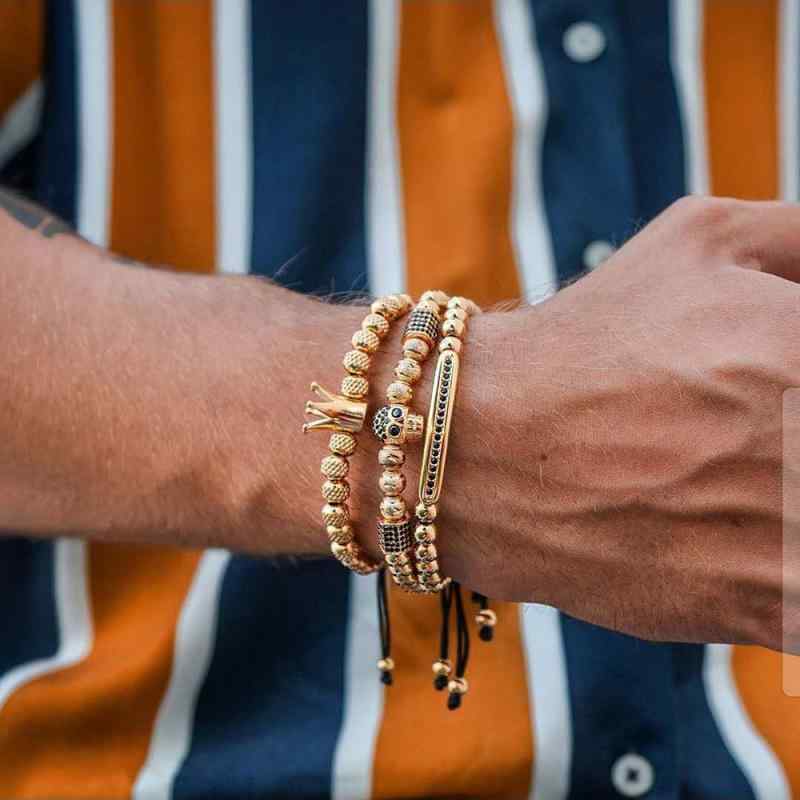 楽天LINEAR shopブレスレット メンズ レディース 3連 ジルコニア クラウン スカル ドクロ モチーフ 合金 電気メッキ加工 調整可能 ブラック シルバー ゴールド ローズゴールド パンク 個性 （x2）