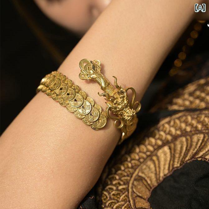 ブレスレット メンズ レディース 真鍮製 銅貨 剣 竜彫刻 レトロ ゴールド シルバー(4)